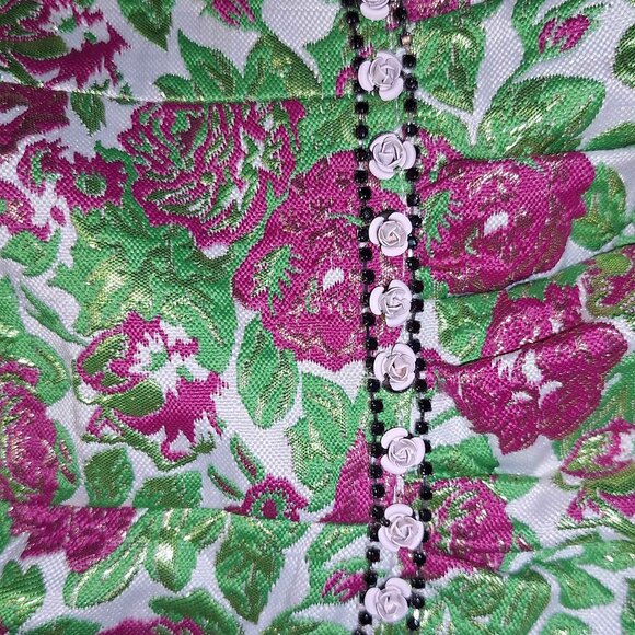 Minuet Strapless Floral Cocktail Dress M Metallic Roses Pink Green Gold Pa - Picture 3 of 5